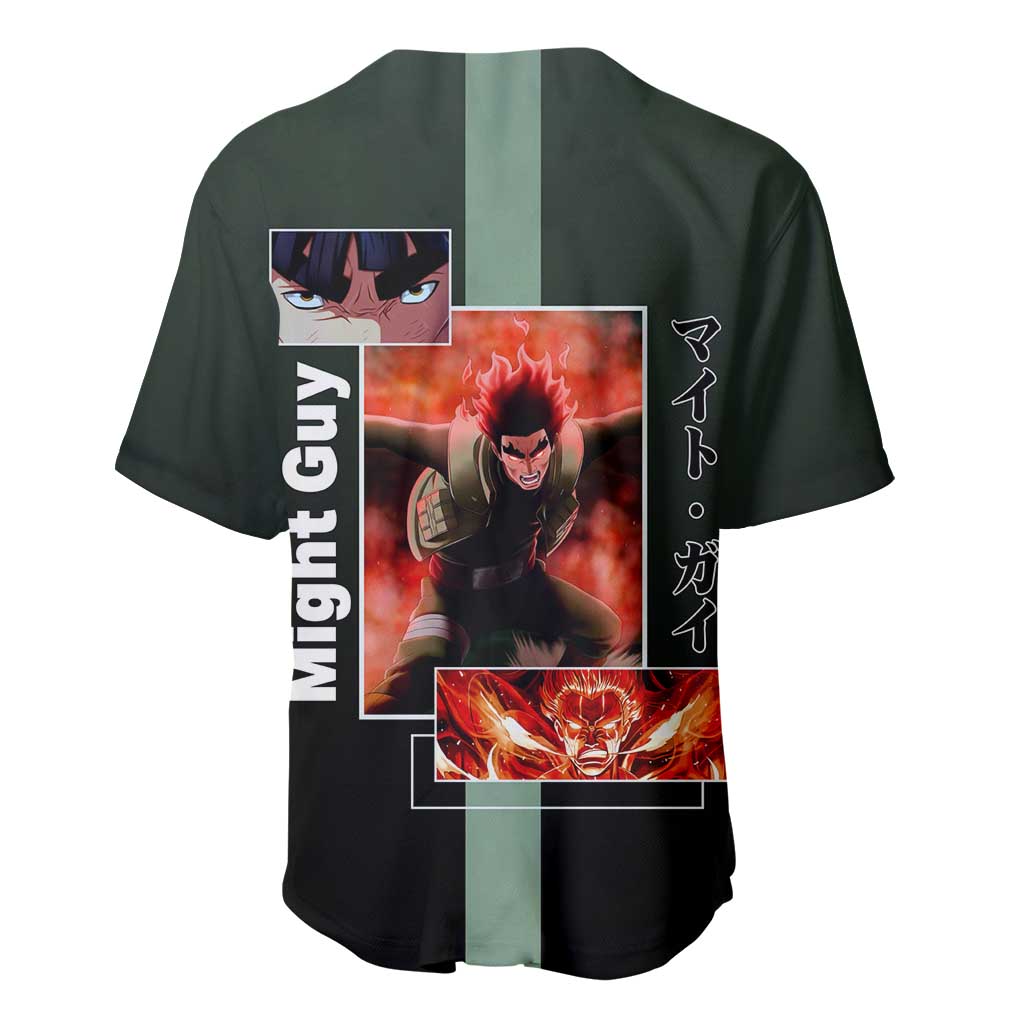 Might Guy Naruto Baseball Jersey with Green Jumpsuit and Energetic Taijutsu Pose Design - The Mazicc