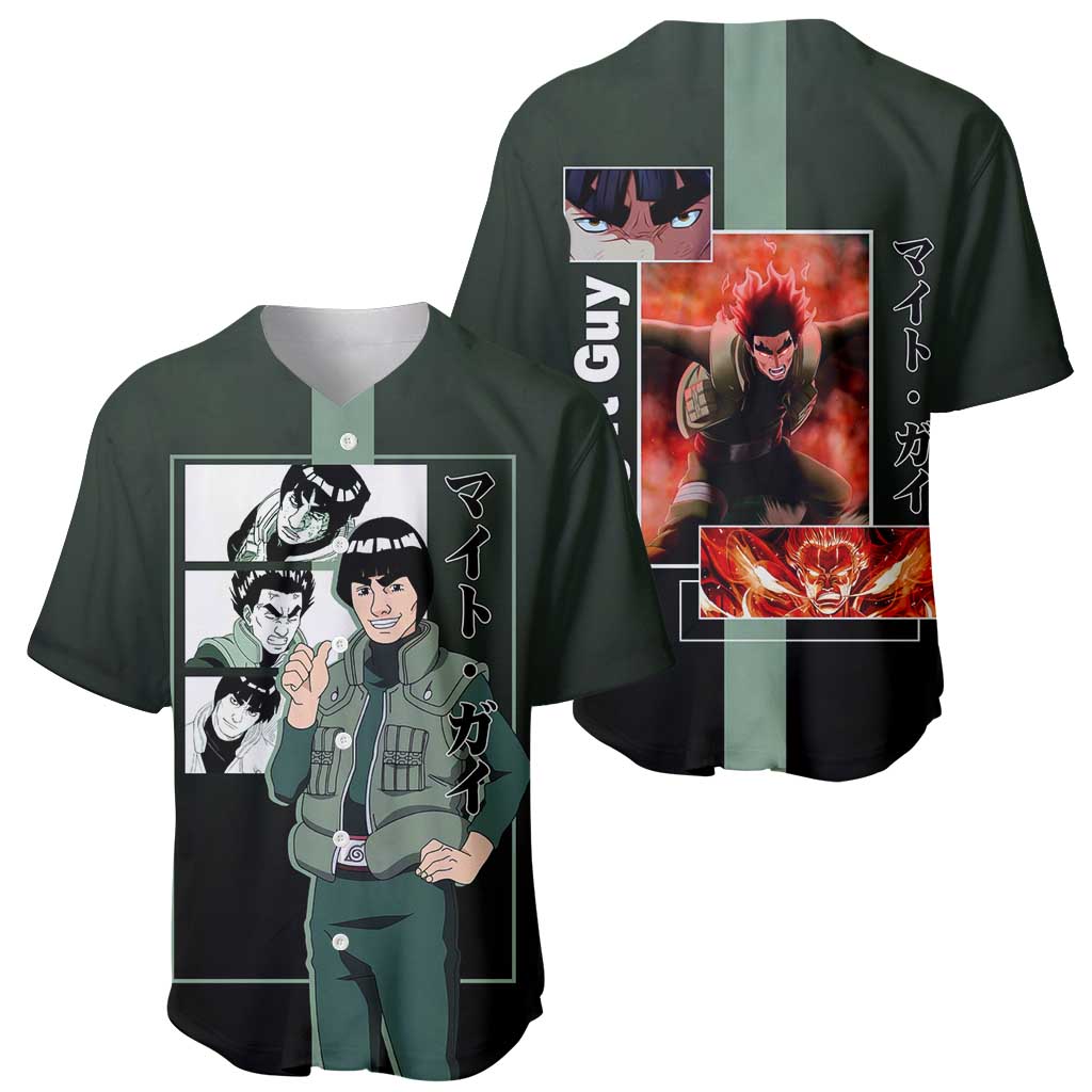 Might Guy Naruto Baseball Jersey with Green Jumpsuit and Energetic Taijutsu Pose Design - The Mazicc