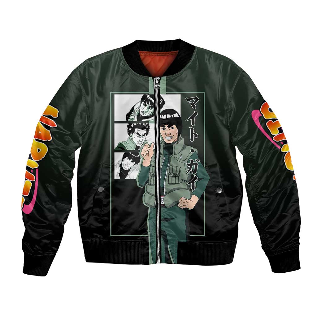 Might Guy Naruto Bomber Jacket with Green Jumpsuit and Energetic Taijutsu Pose Design - The Mazicc