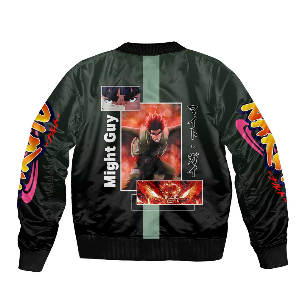 Might Guy Naruto Bomber Jacket with Green Jumpsuit and Energetic Taijutsu Pose Design - The Mazicc