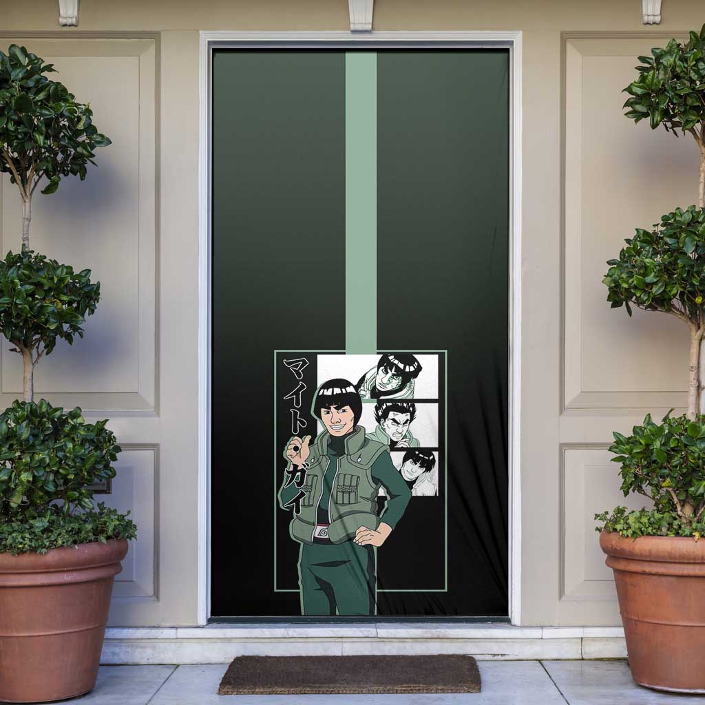 Might Guy Naruto Door Cover with Green Jumpsuit and Energetic Taijutsu Pose Design - The Mazicc