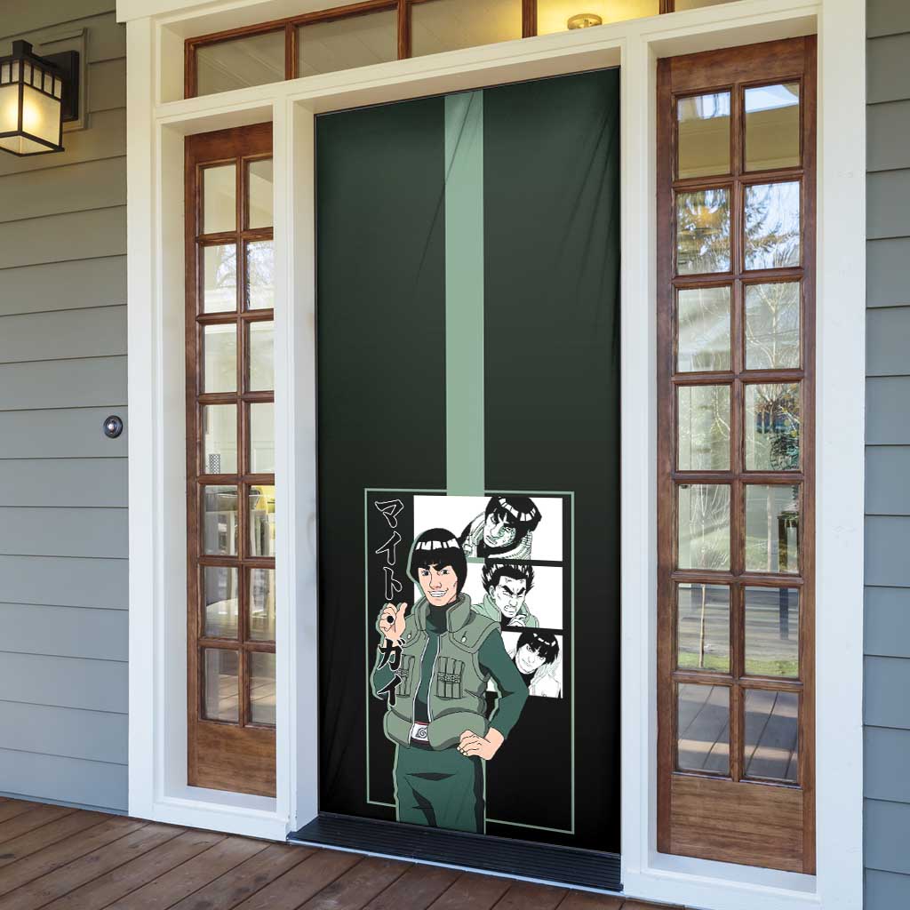 Might Guy Naruto Door Cover with Green Jumpsuit and Energetic Taijutsu Pose Design - The Mazicc