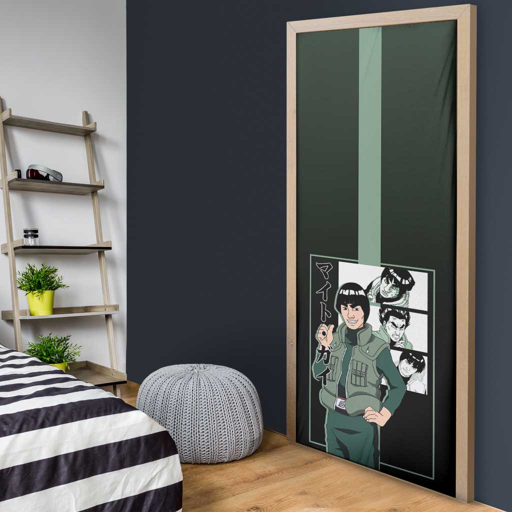 Might Guy Naruto Door Cover with Green Jumpsuit and Energetic Taijutsu Pose Design - The Mazicc