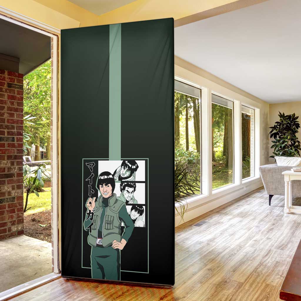 Might Guy Naruto Door Cover with Green Jumpsuit and Energetic Taijutsu Pose Design - The Mazicc
