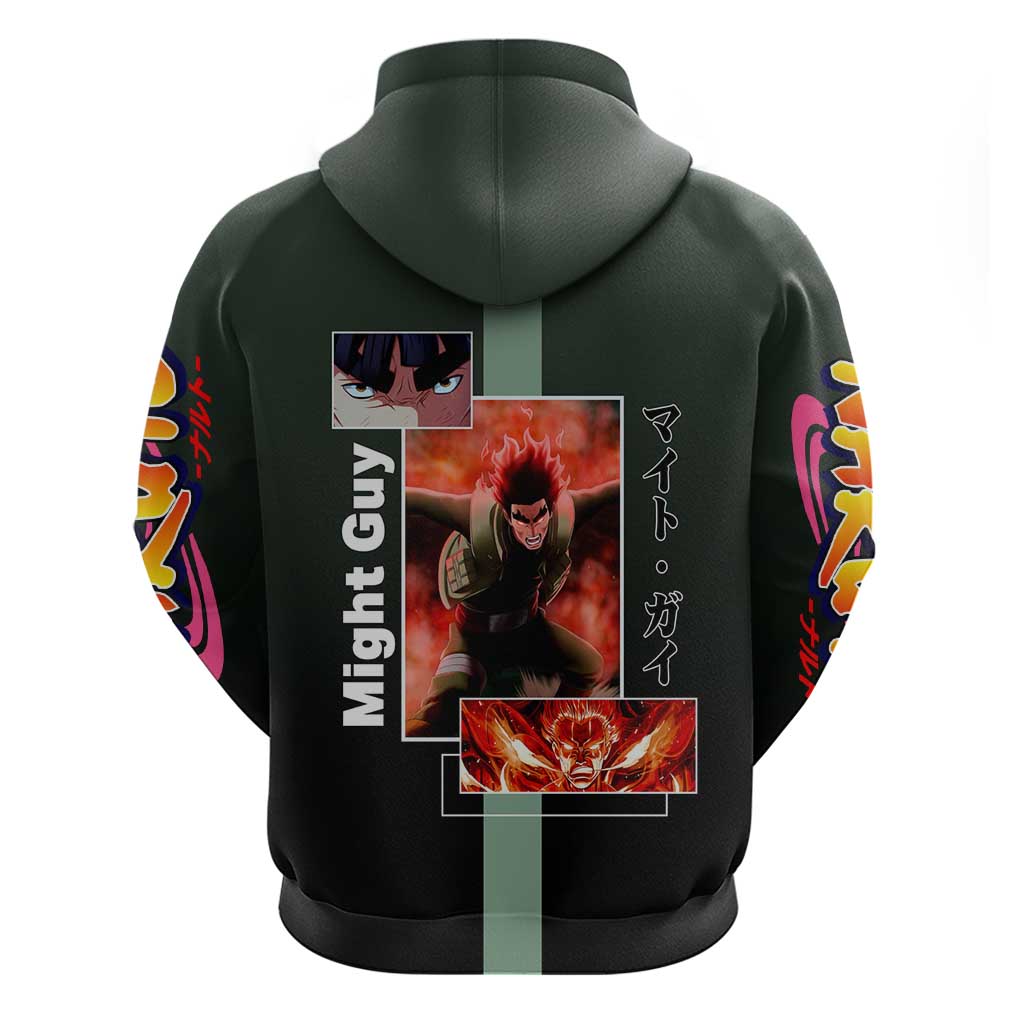 Might Guy Naruto Hoodie with Green Jumpsuit and Energetic Taijutsu Pose Design - The Mazicc