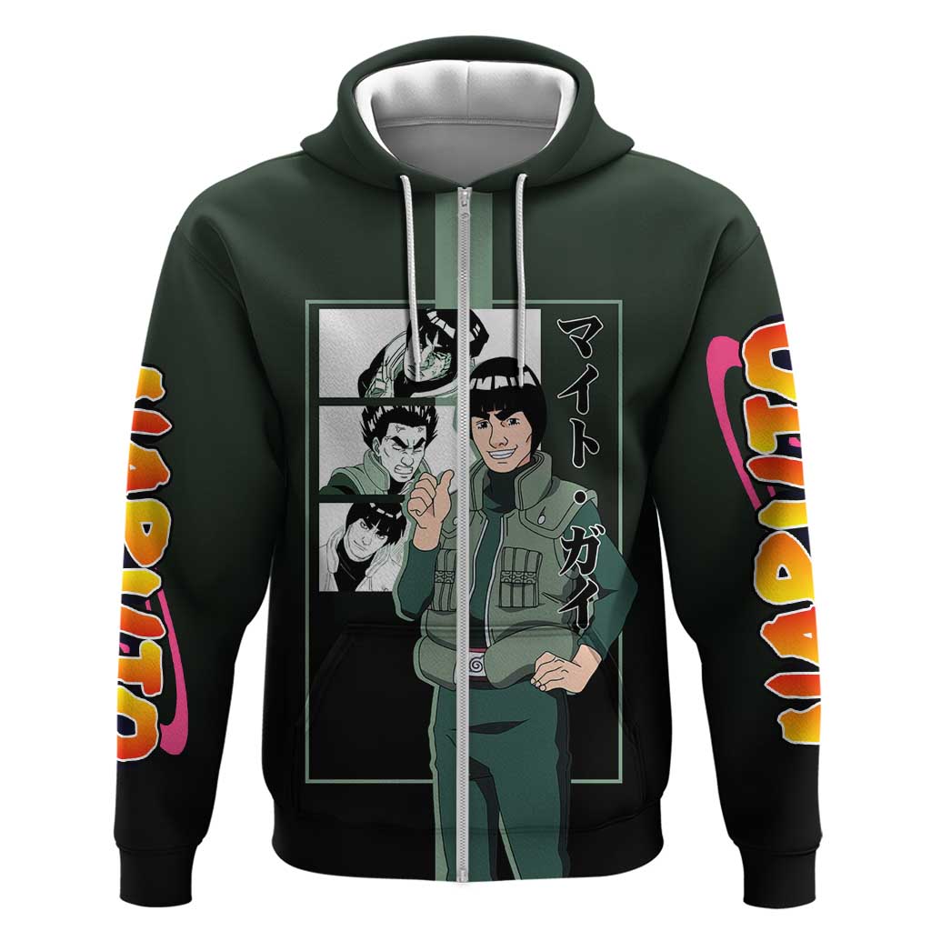 Might Guy Naruto Hoodie with Green Jumpsuit and Energetic Taijutsu Pose Design - The Mazicc
