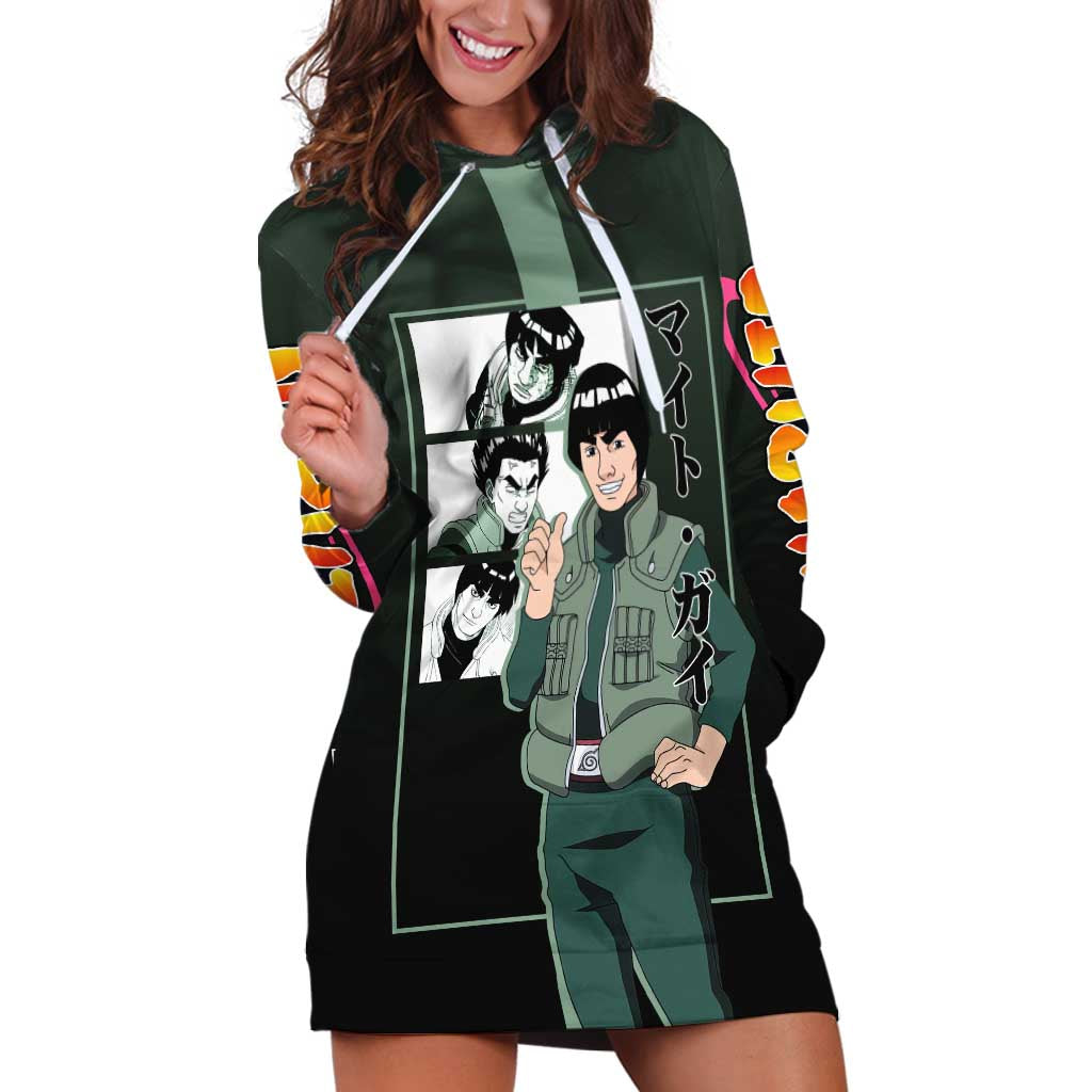Might Guy Naruto Hoodie Dress with Green Jumpsuit and Energetic Taijutsu Pose Design - The Mazicc