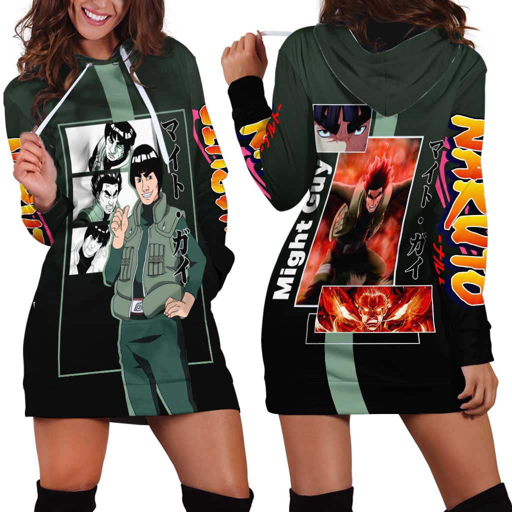 Might Guy Naruto Hoodie Dress with Green Jumpsuit and Energetic Taijutsu Pose Design - The Mazicc
