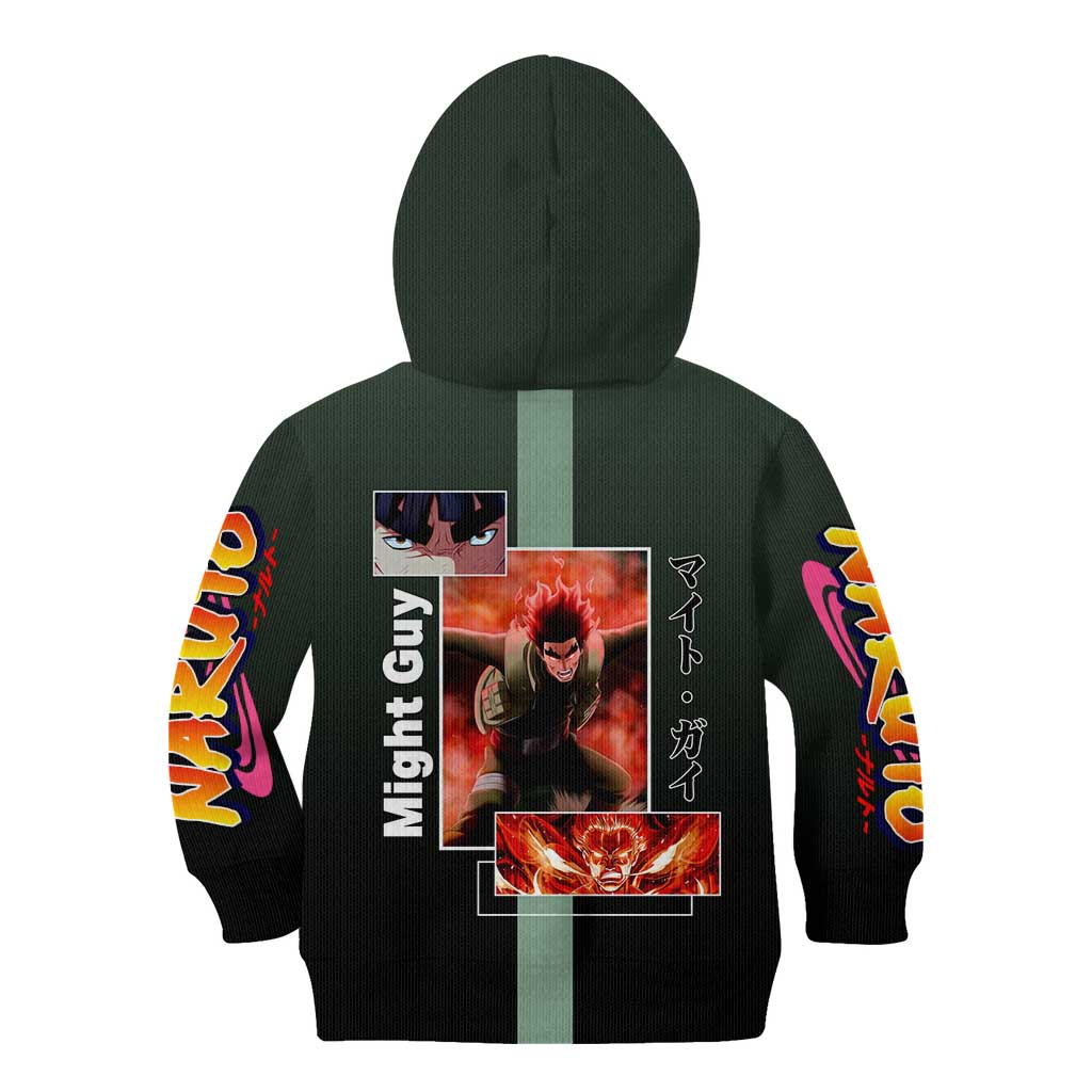 Might Guy Naruto Kid Hoodie with Green Jumpsuit and Energetic Taijutsu Pose Design - The Mazicc