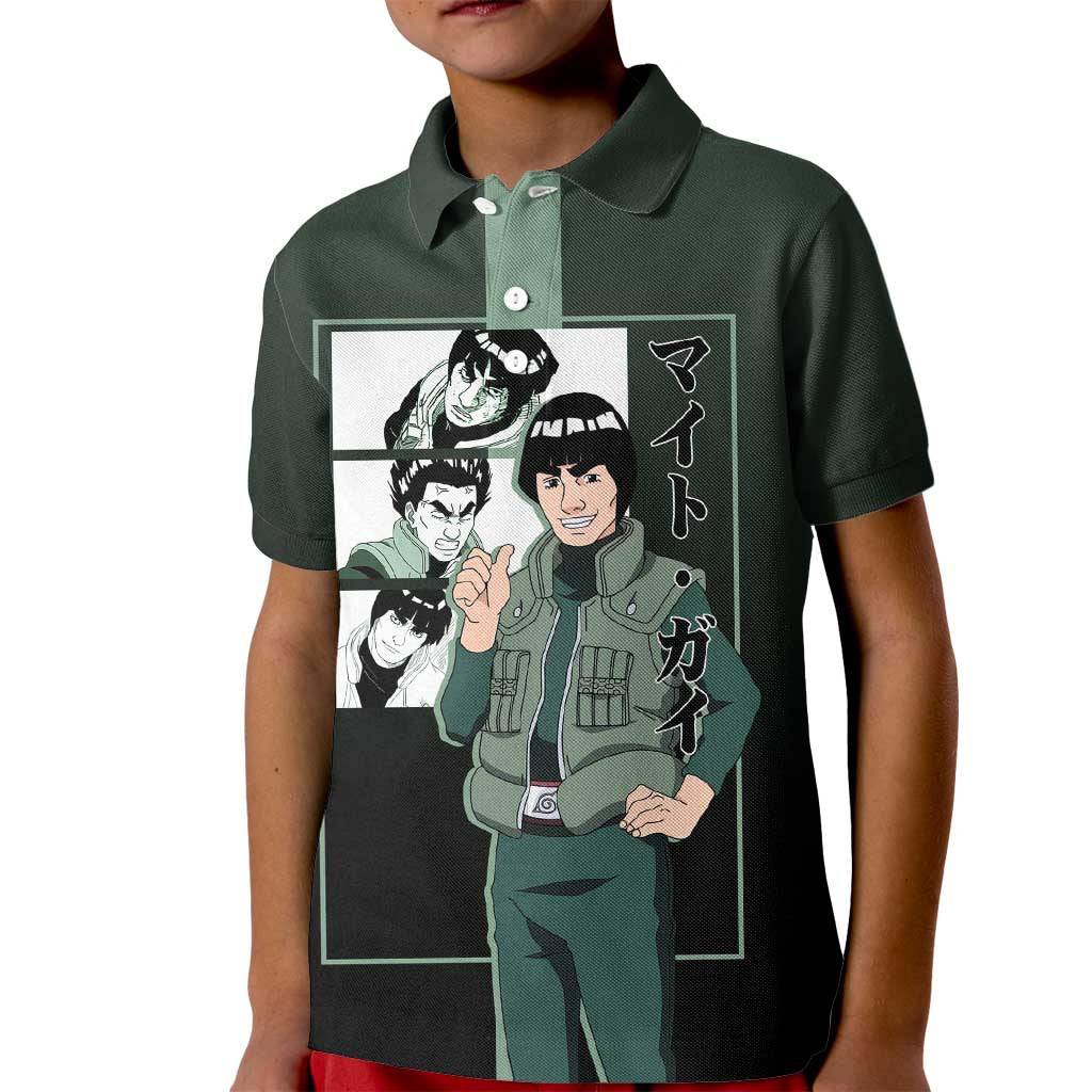 Might Guy Naruto Kid Polo Shirt with Green Jumpsuit and Energetic Taijutsu Pose Design - The Mazicc