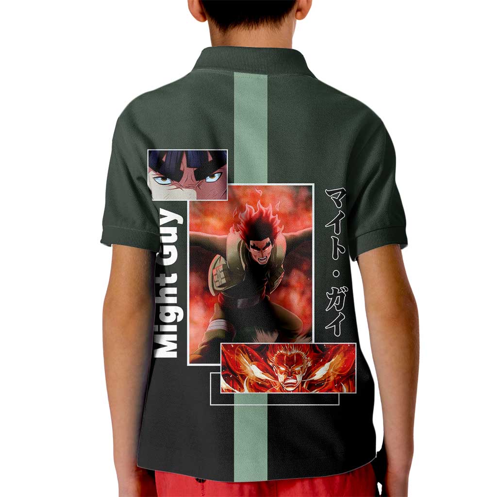 Might Guy Naruto Kid Polo Shirt with Green Jumpsuit and Energetic Taijutsu Pose Design - The Mazicc