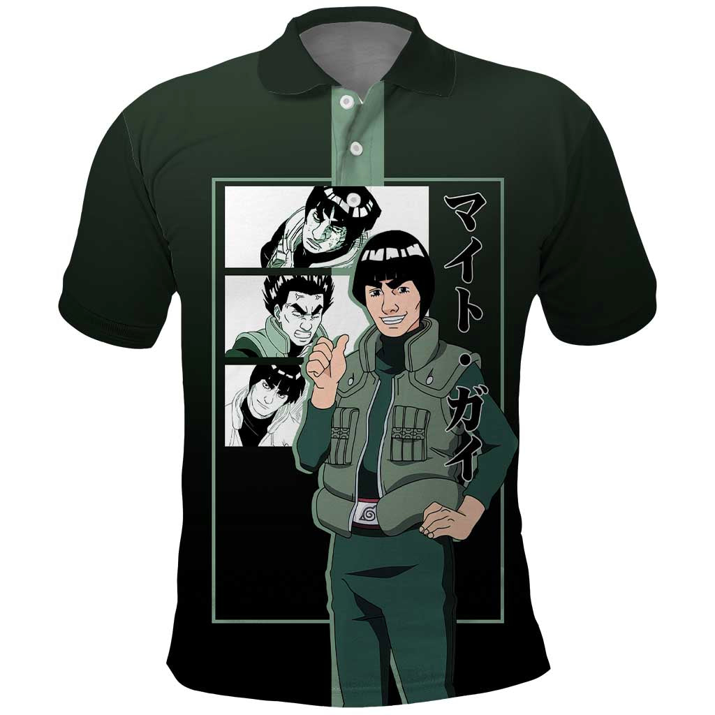 Might Guy Naruto Polo Shirt with Green Jumpsuit and Energetic Taijutsu Pose Design - The Mazicc