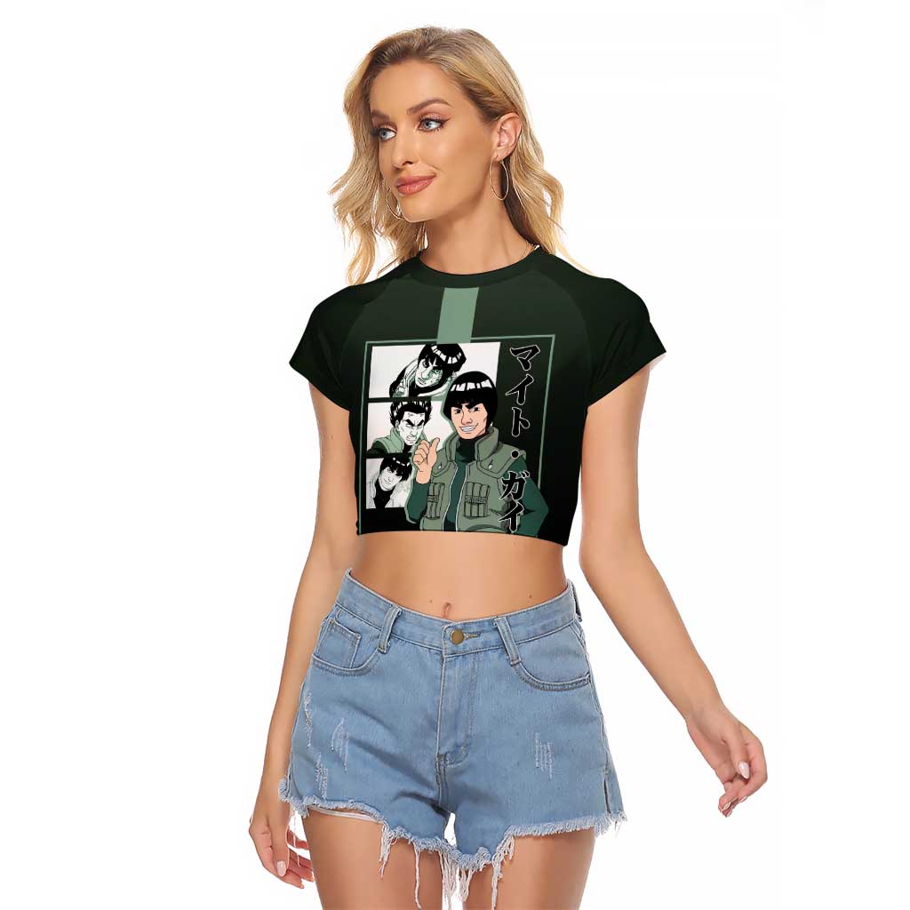 Might Guy Naruto Raglan Cropped T Shirt with Green Jumpsuit and Energetic Taijutsu Pose Design - The Mazicc