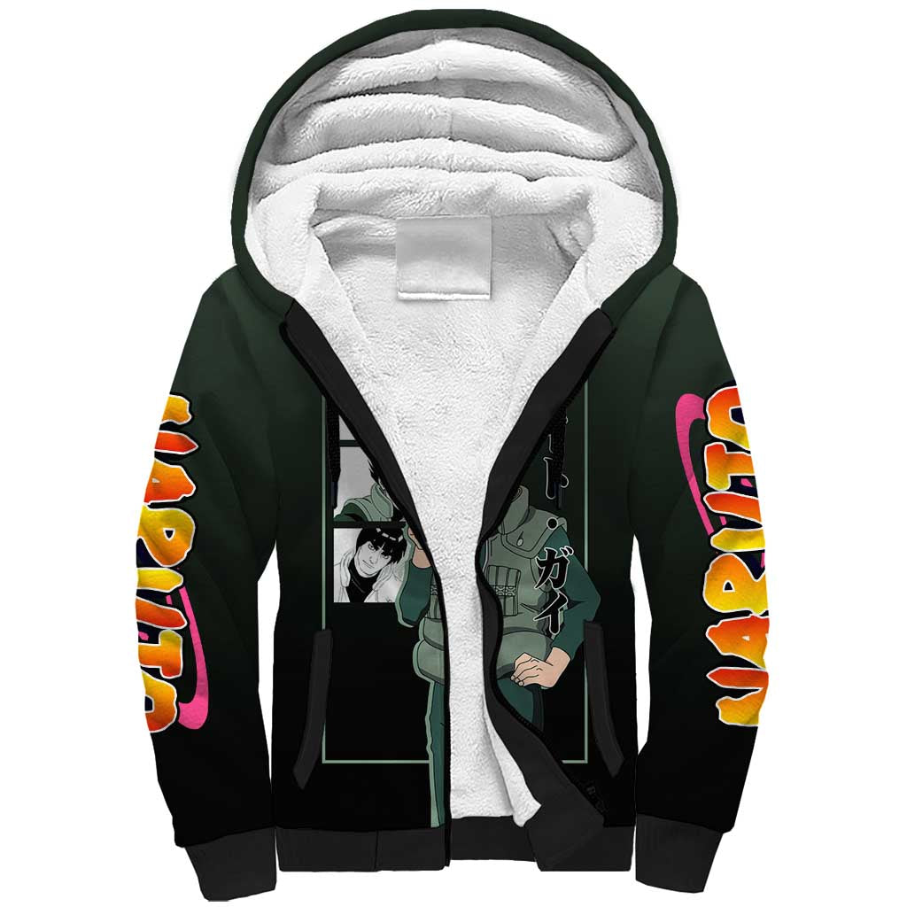 Might Guy Naruto Sherpa Hoodie with Green Jumpsuit and Energetic Taijutsu Pose Design - The Mazicc