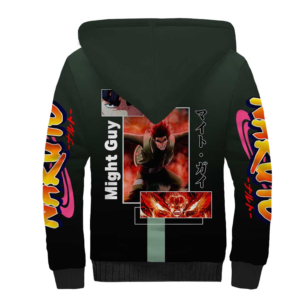 Might Guy Naruto Sherpa Hoodie with Green Jumpsuit and Energetic Taijutsu Pose Design - The Mazicc