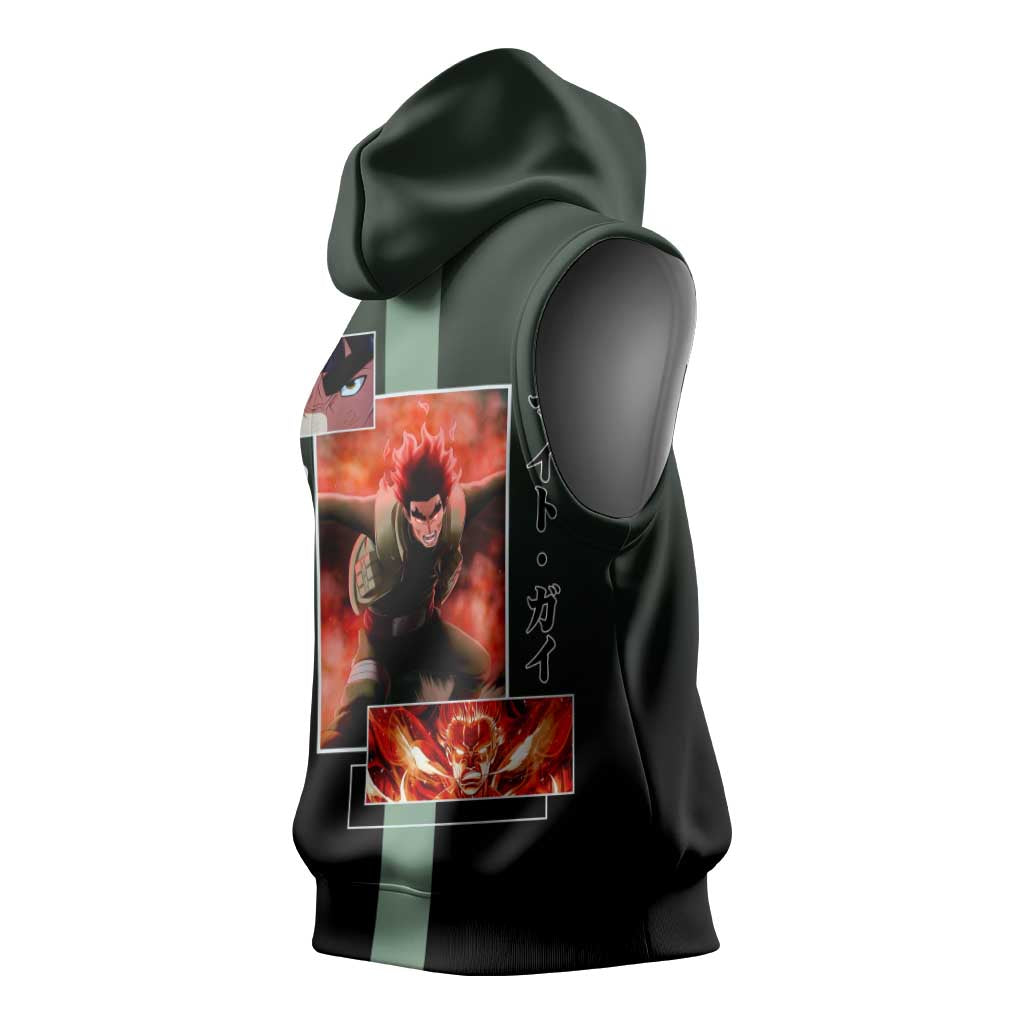 Might Guy Naruto Sleeveless Hoodie with Green Jumpsuit and Energetic Taijutsu Pose Design - The Mazicc