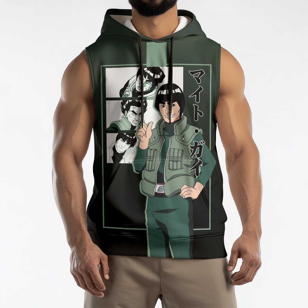 Might Guy Naruto Sleeveless Hoodie with Green Jumpsuit and Energetic Taijutsu Pose Design - The Mazicc