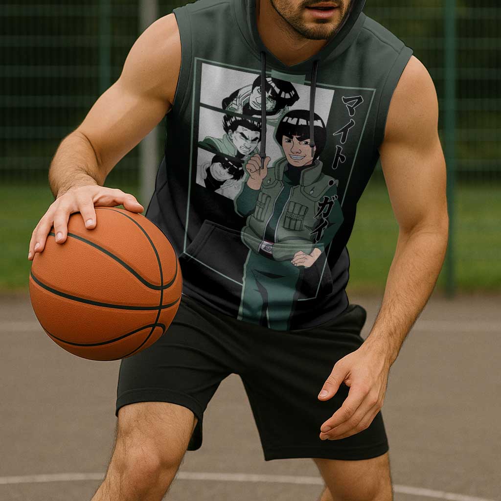 Might Guy Naruto Sleeveless Hoodie with Green Jumpsuit and Energetic Taijutsu Pose Design - The Mazicc