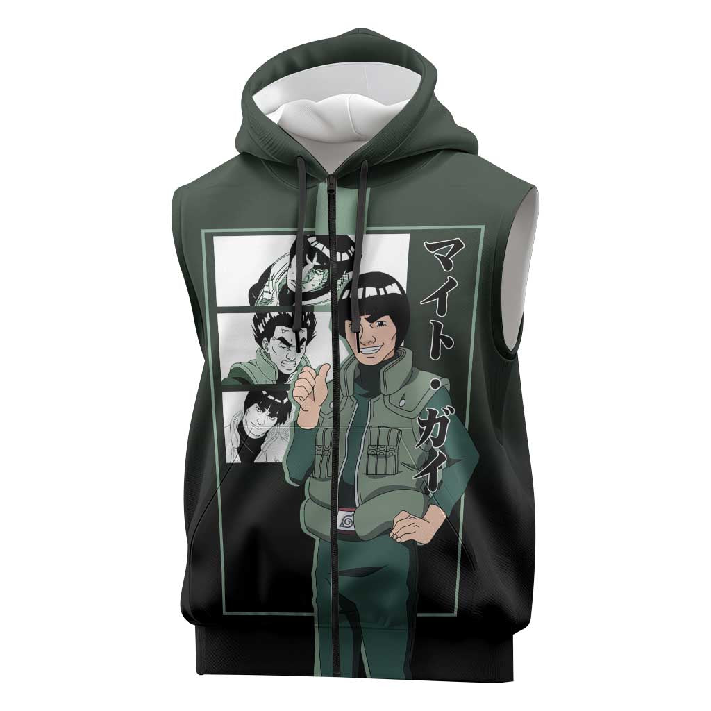 Might Guy Naruto Sleeveless Zip Hoodie with Green Jumpsuit and Energetic Taijutsu Pose Design - The Mazicc