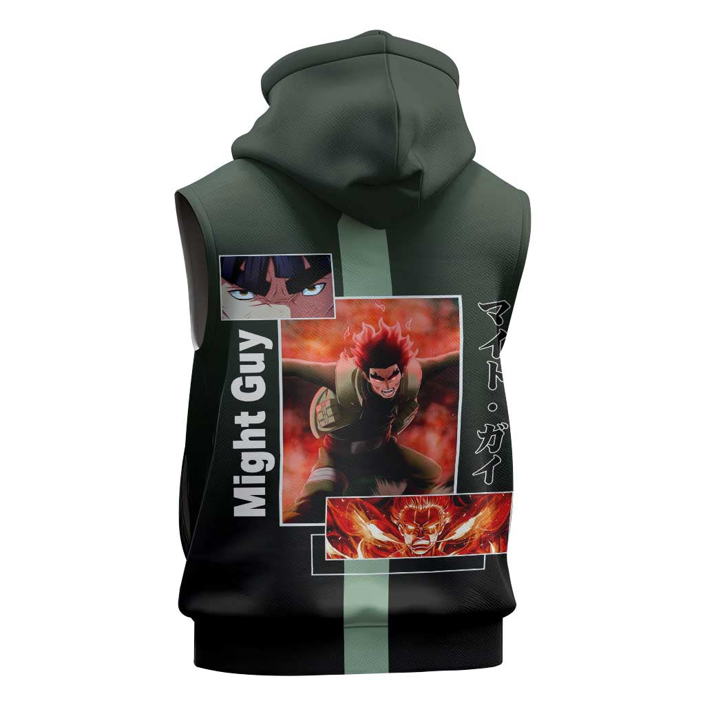Might Guy Naruto Sleeveless Zip Hoodie with Green Jumpsuit and Energetic Taijutsu Pose Design - The Mazicc