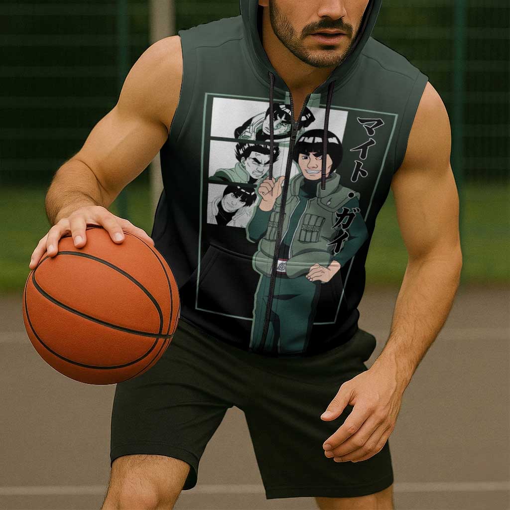 Might Guy Naruto Sleeveless Zip Hoodie with Green Jumpsuit and Energetic Taijutsu Pose Design - The Mazicc