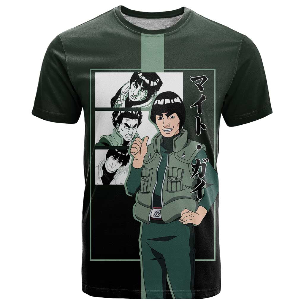 Might Guy Naruto T Shirt with Green Jumpsuit and Energetic Taijutsu Pose Design - The Mazicc