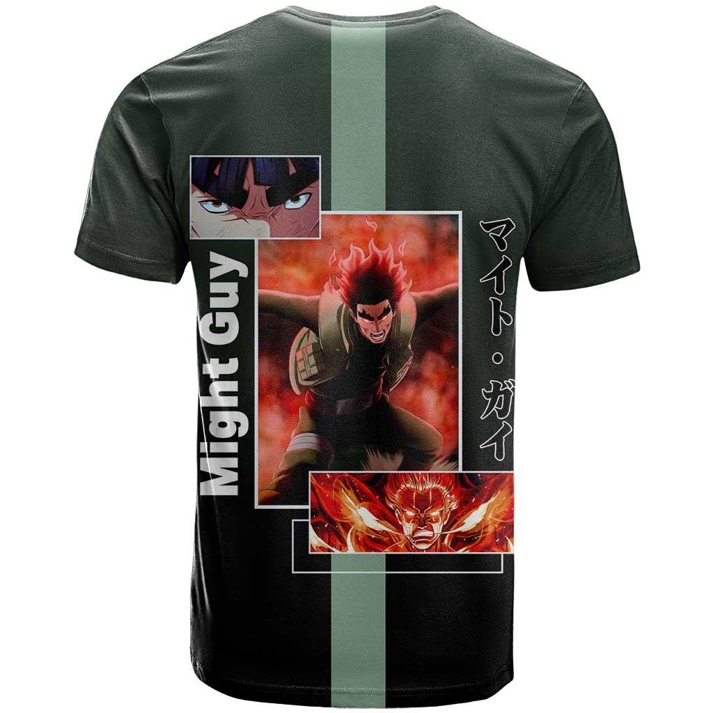 Might Guy Naruto T Shirt with Green Jumpsuit and Energetic Taijutsu Pose Design - The Mazicc