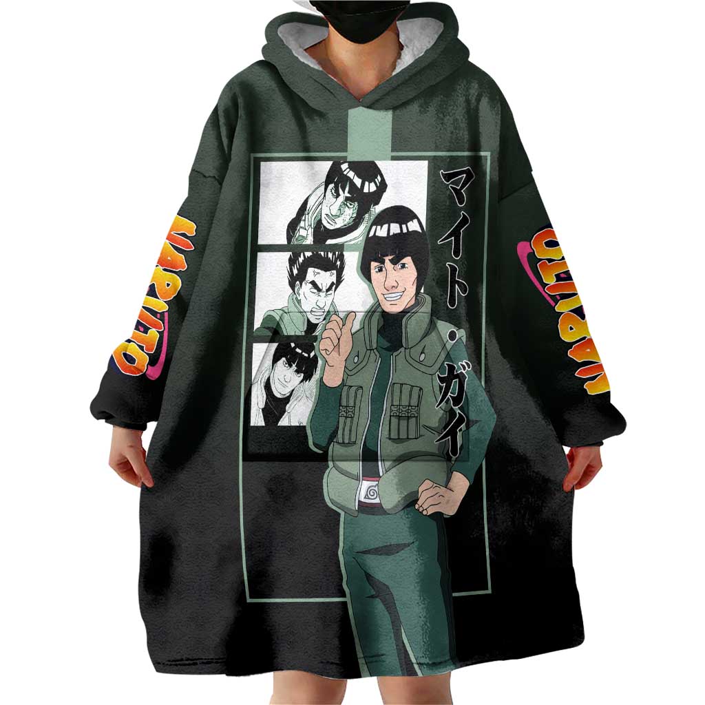 Might Guy Naruto Wearable Blanket Hoodie with Green Jumpsuit and Energetic Taijutsu Pose Design - The Mazicc