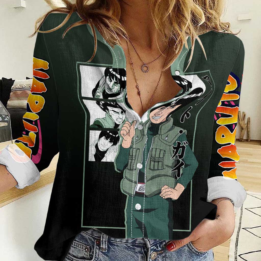 Might Guy Naruto Women Casual Shirt with Green Jumpsuit and Energetic Taijutsu Pose Design - The Mazicc