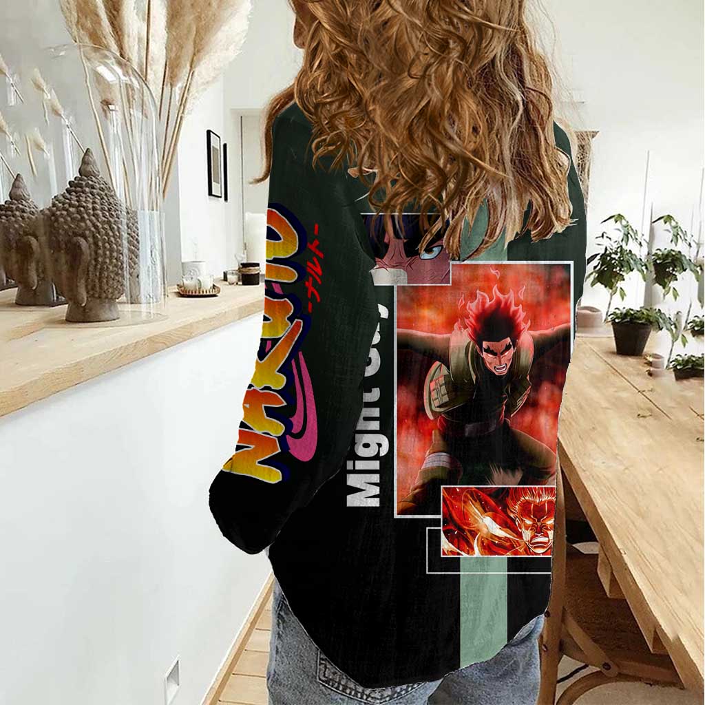 Might Guy Naruto Women Casual Shirt with Green Jumpsuit and Energetic Taijutsu Pose Design - The Mazicc
