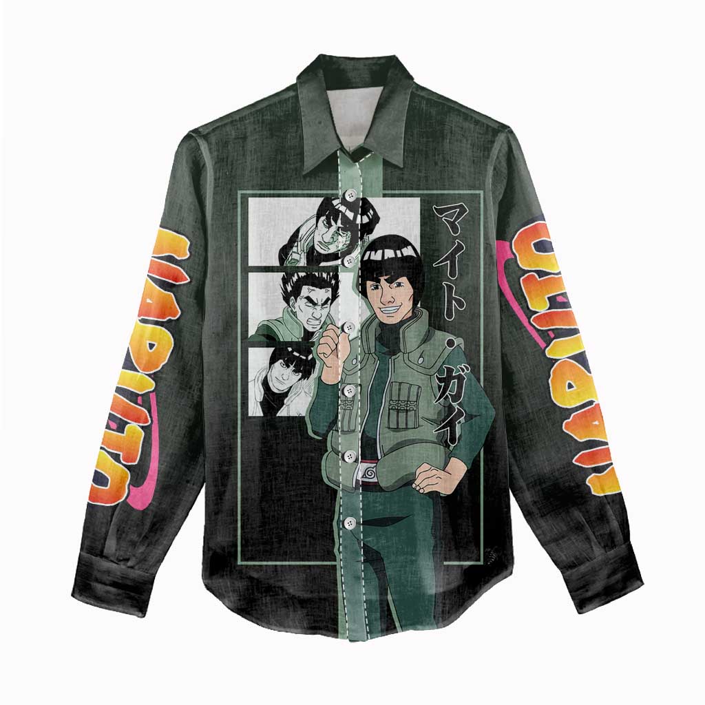 Might Guy Naruto Women Casual Shirt with Green Jumpsuit and Energetic Taijutsu Pose Design - The Mazicc