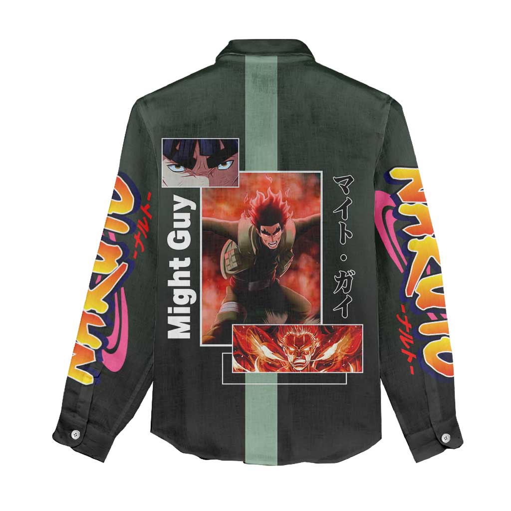 Might Guy Naruto Women Casual Shirt with Green Jumpsuit and Energetic Taijutsu Pose Design - The Mazicc