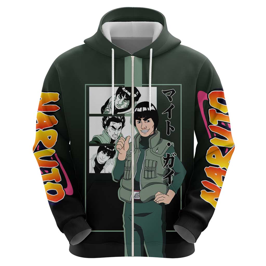 Might Guy Naruto Zip Hoodie with Green Jumpsuit and Energetic Taijutsu Pose Design - The Mazicc
