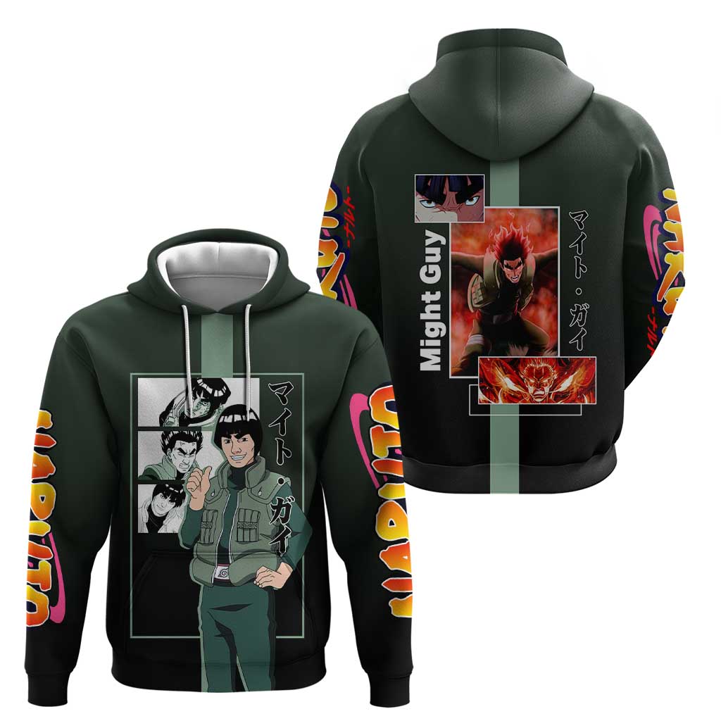 Might Guy Naruto Zip Hoodie with Green Jumpsuit and Energetic Taijutsu Pose Design - The Mazicc