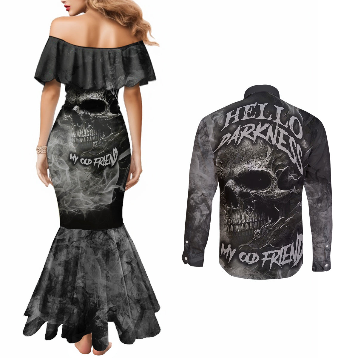 hello-darkness-my-old-friend-skull-couples-matching-mermaid-dress-and-long-sleeve-button-shirts