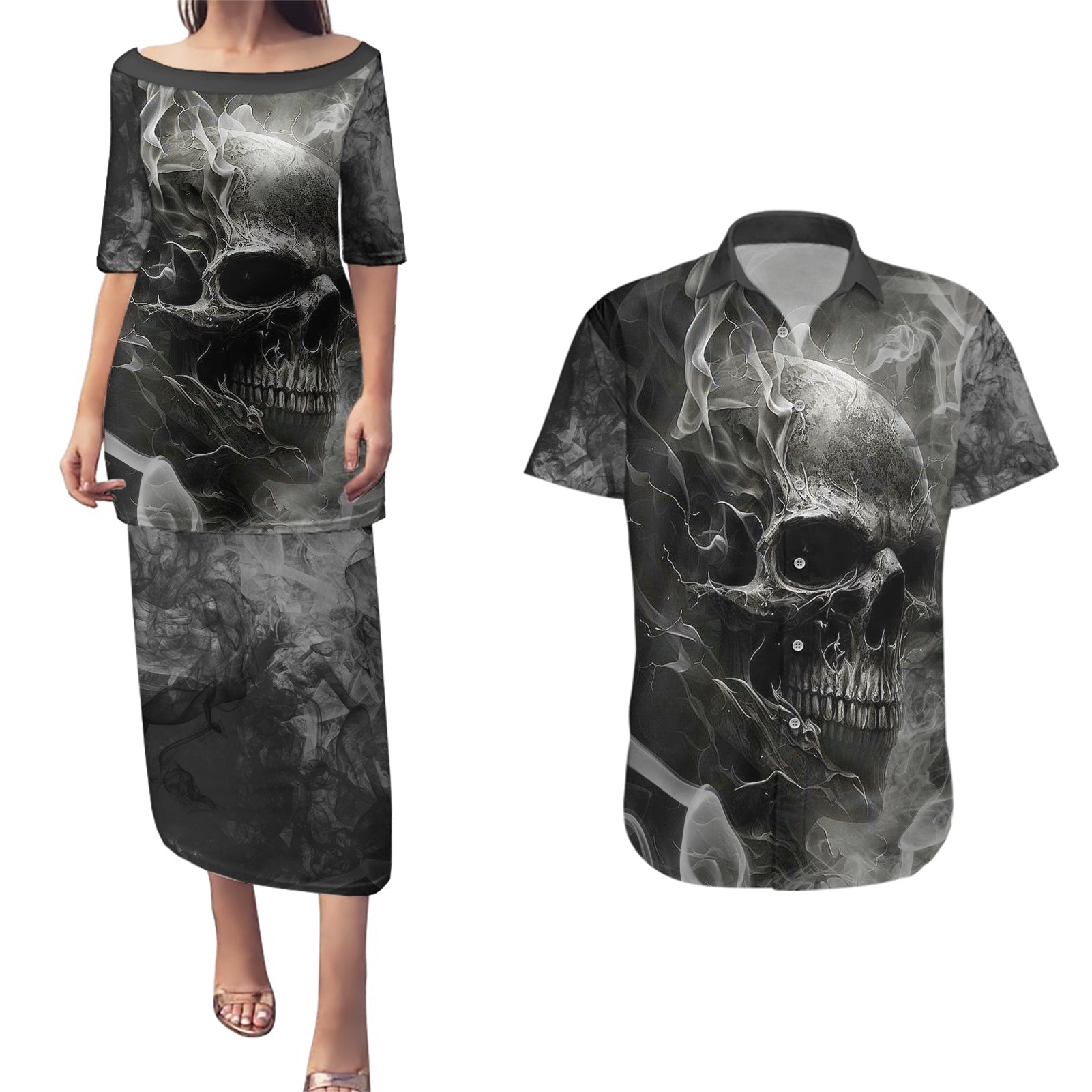hello-darkness-my-old-friend-skull-couples-matching-puletasi-dress-and-hawaiian-shirt