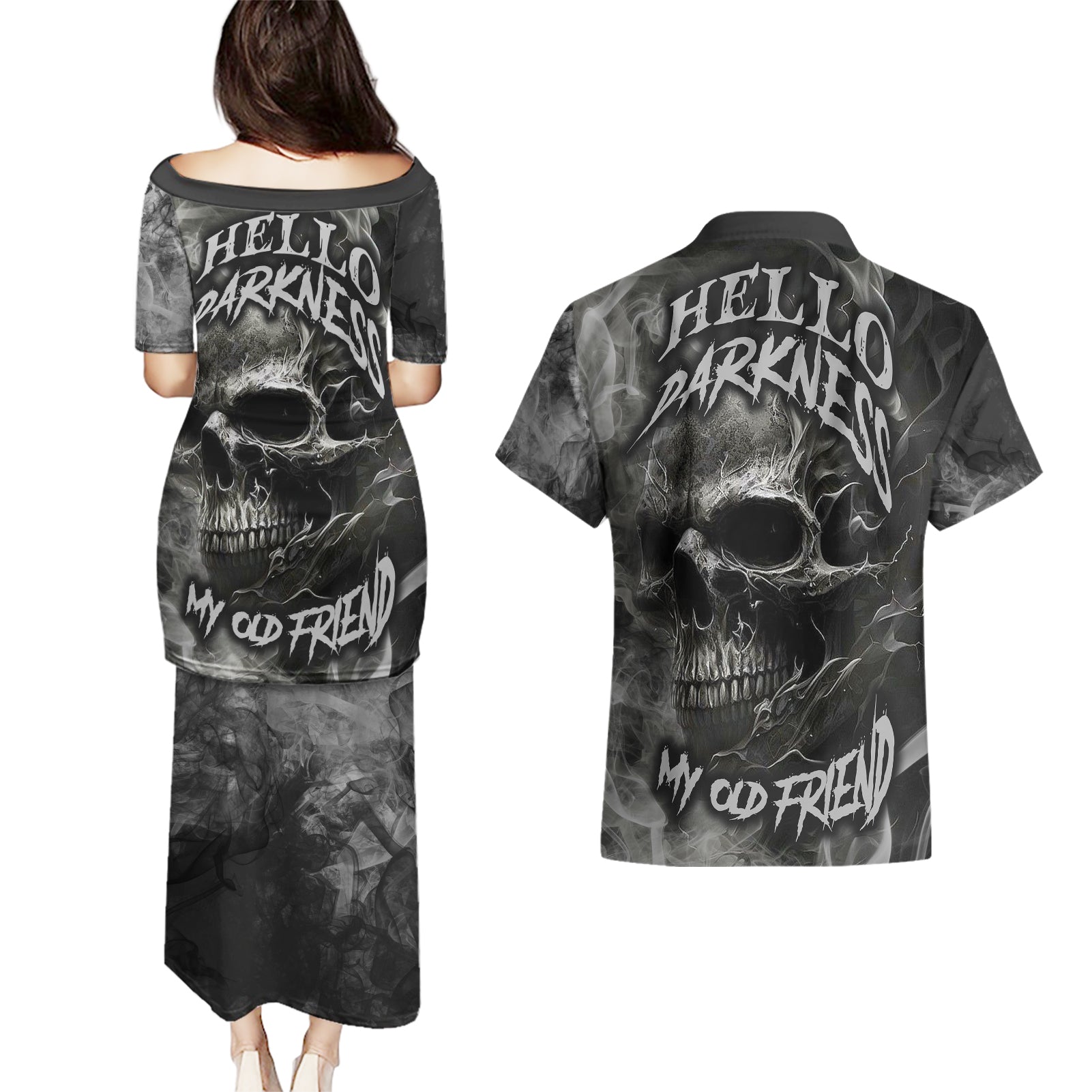 hello-darkness-my-old-friend-skull-couples-matching-puletasi-dress-and-hawaiian-shirt
