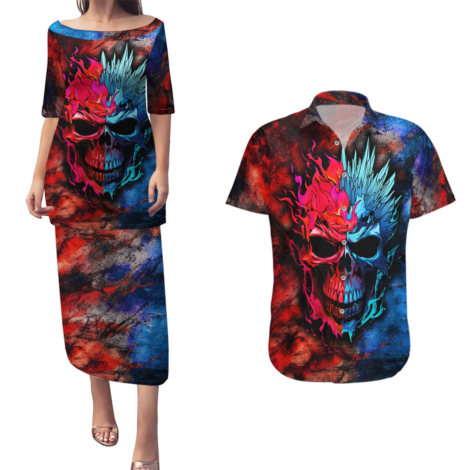 be-careful-skull-couples-matching-puletasi-dress-and-hawaiian-shirt