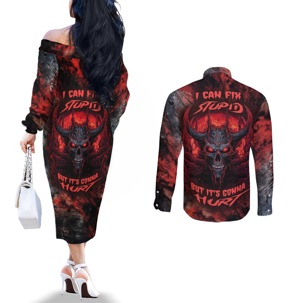 i-can-fix-stupid-but-its-gonna-hurt-skull-couples-matching-off-the-shoulder-long-sleeve-dress-and-long-sleeve-button-shirts
