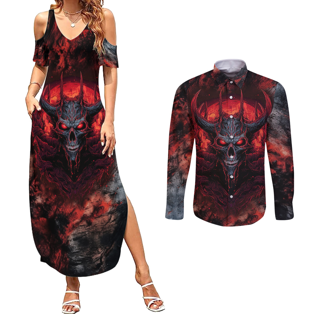 i-can-fix-stupid-but-its-gonna-hurt-skull-couples-matching-summer-maxi-dress-and-long-sleeve-button-shirts