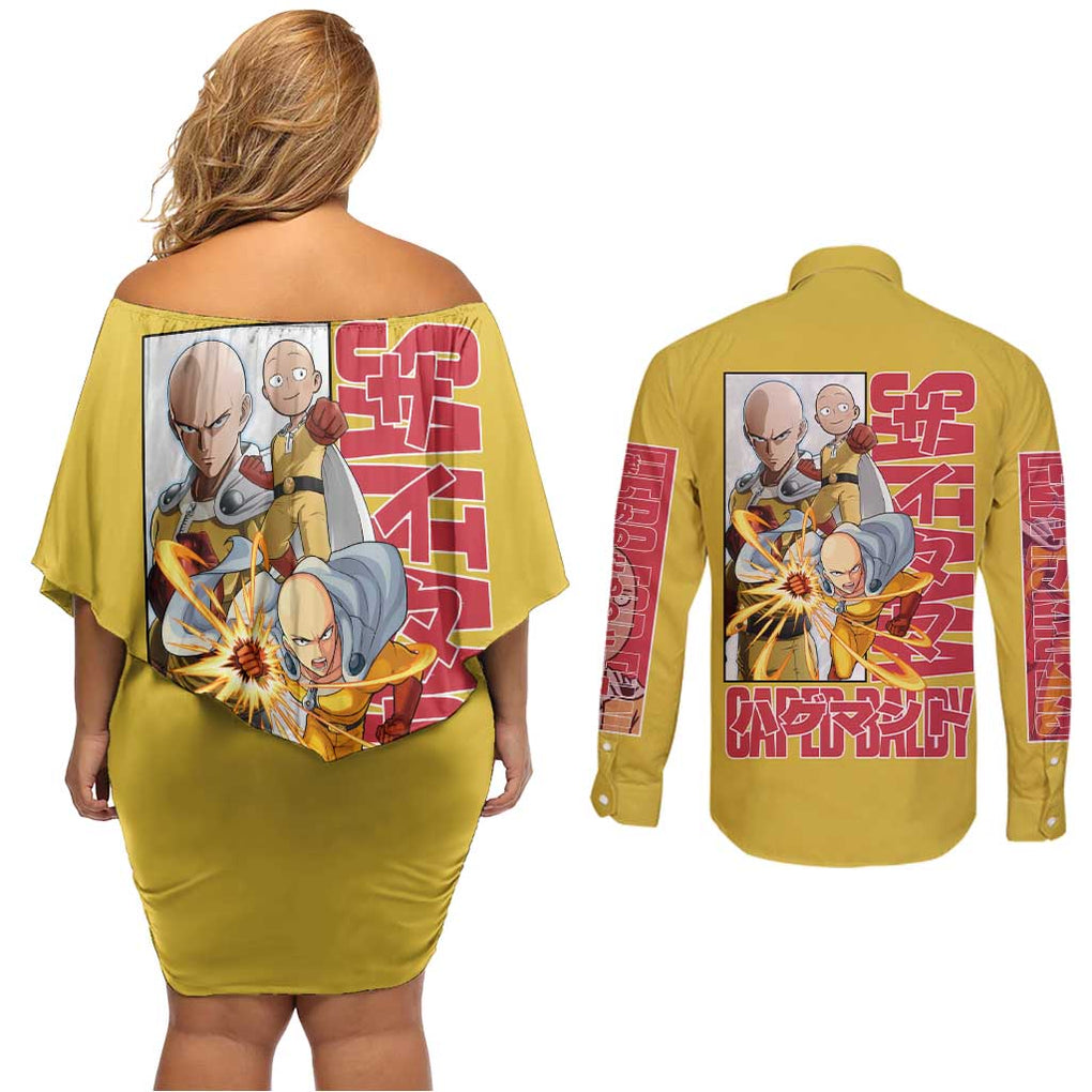 Saitama -  One Punch Man Couples Matching Off Shoulder Short Dress and Long Sleeve Button Shirt Anime Japan Style