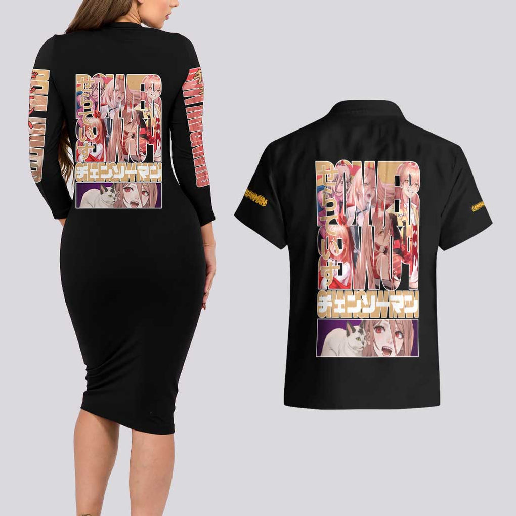 Power - Chainsaw Man Couples Matching Long Sleeve Bodycon Dress and Hawaiian Shirt Anime Japan Style
