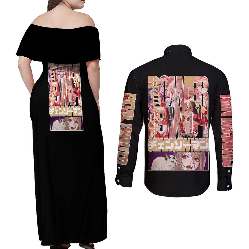 Power - Chainsaw Man Couples Matching Off Shoulder Maxi Dress and Long Sleeve Button Shirt Anime Japan Style