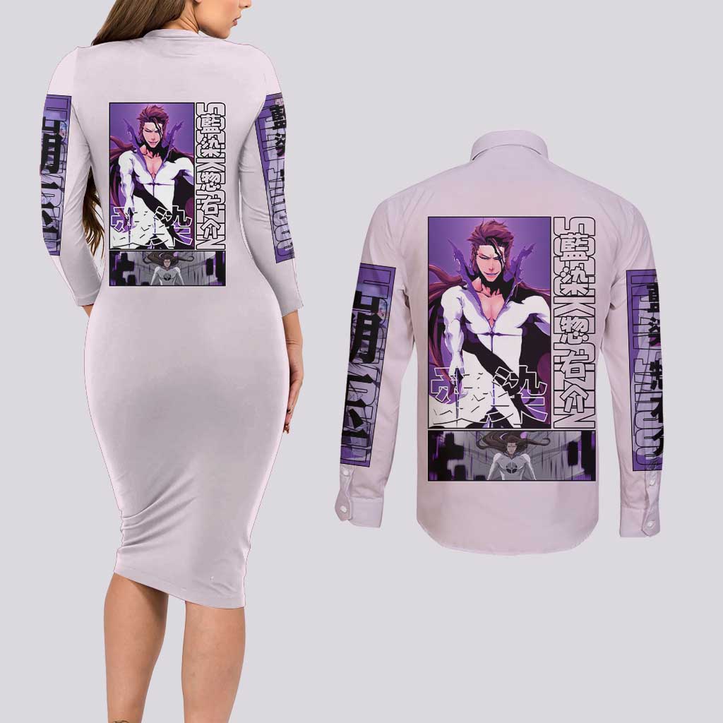 Sosuke Aizen Bleach Couples Matching Long Sleeve Bodycon Dress and Long Sleeve Button Shirt Anime Style