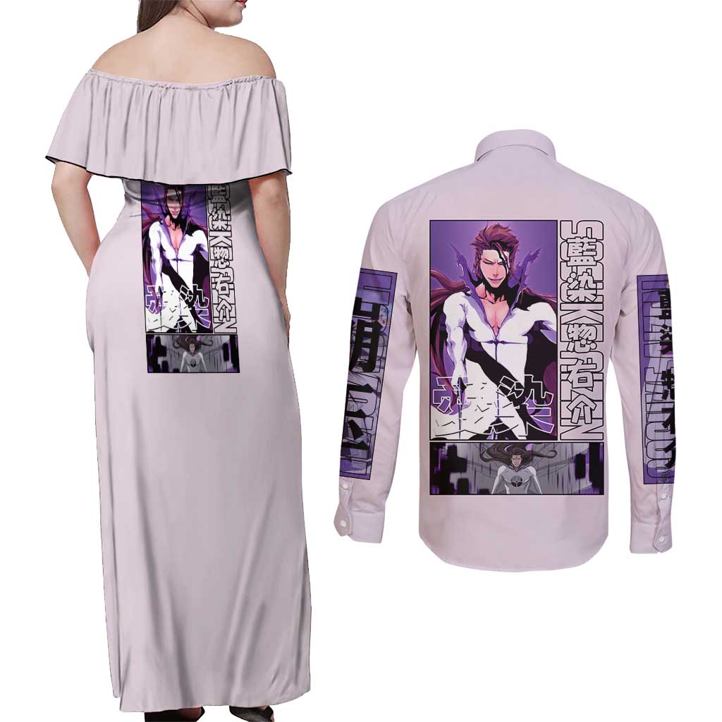 Sosuke Aizen Bleach Couples Matching Off Shoulder Maxi Dress and Long Sleeve Button Shirt Anime Style
