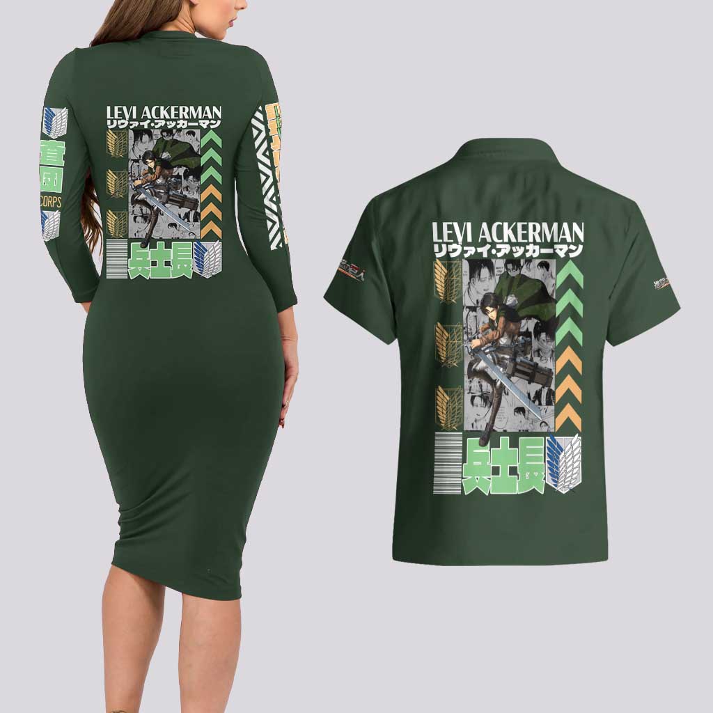 Levi Ackerman V2 Attack on Titan Couples Matching Long Sleeve Bodycon Dress and Hawaiian Shirt Anime Style