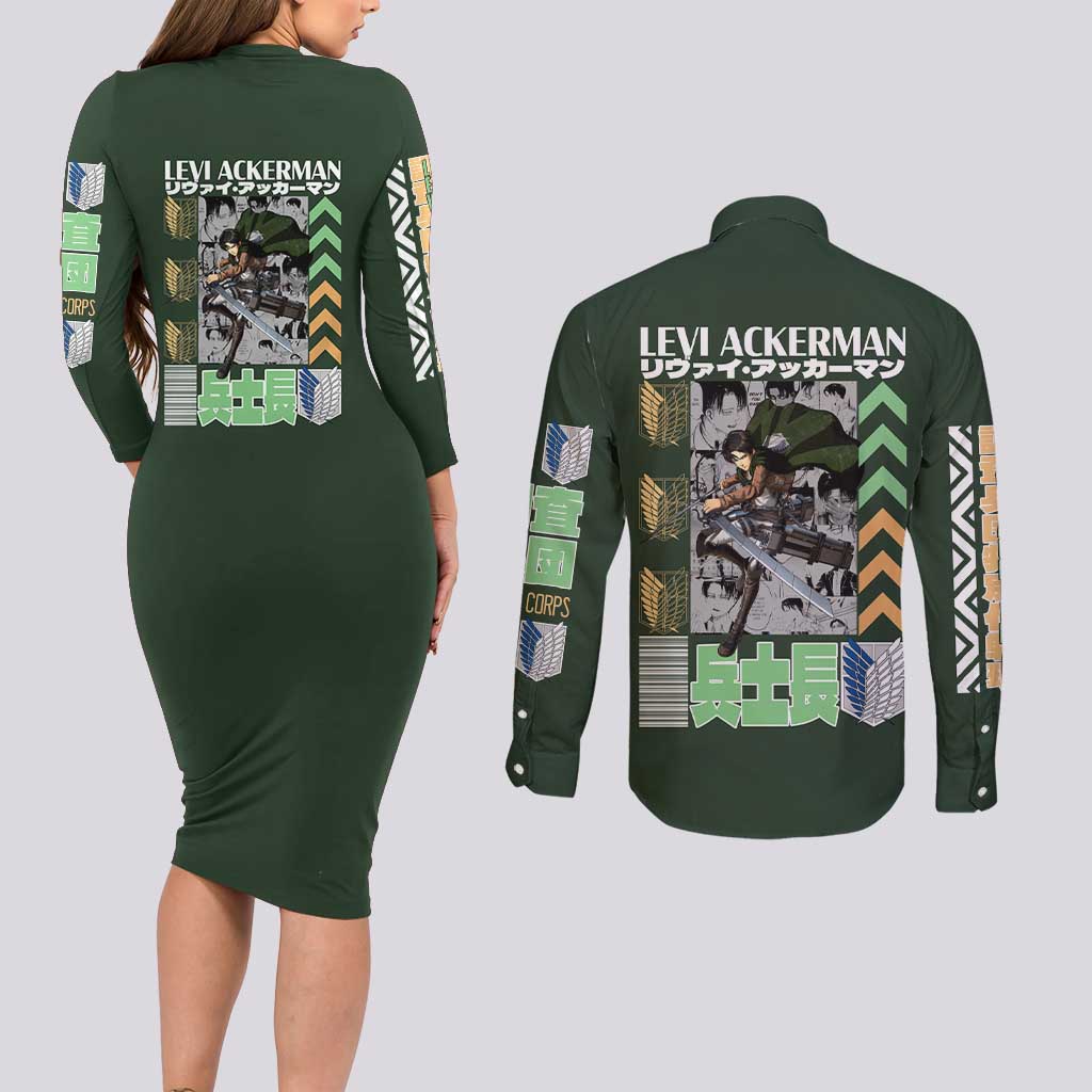 Levi Ackerman V2 Attack on Titan Couples Matching Long Sleeve Bodycon Dress and Long Sleeve Button Shirt Anime Style