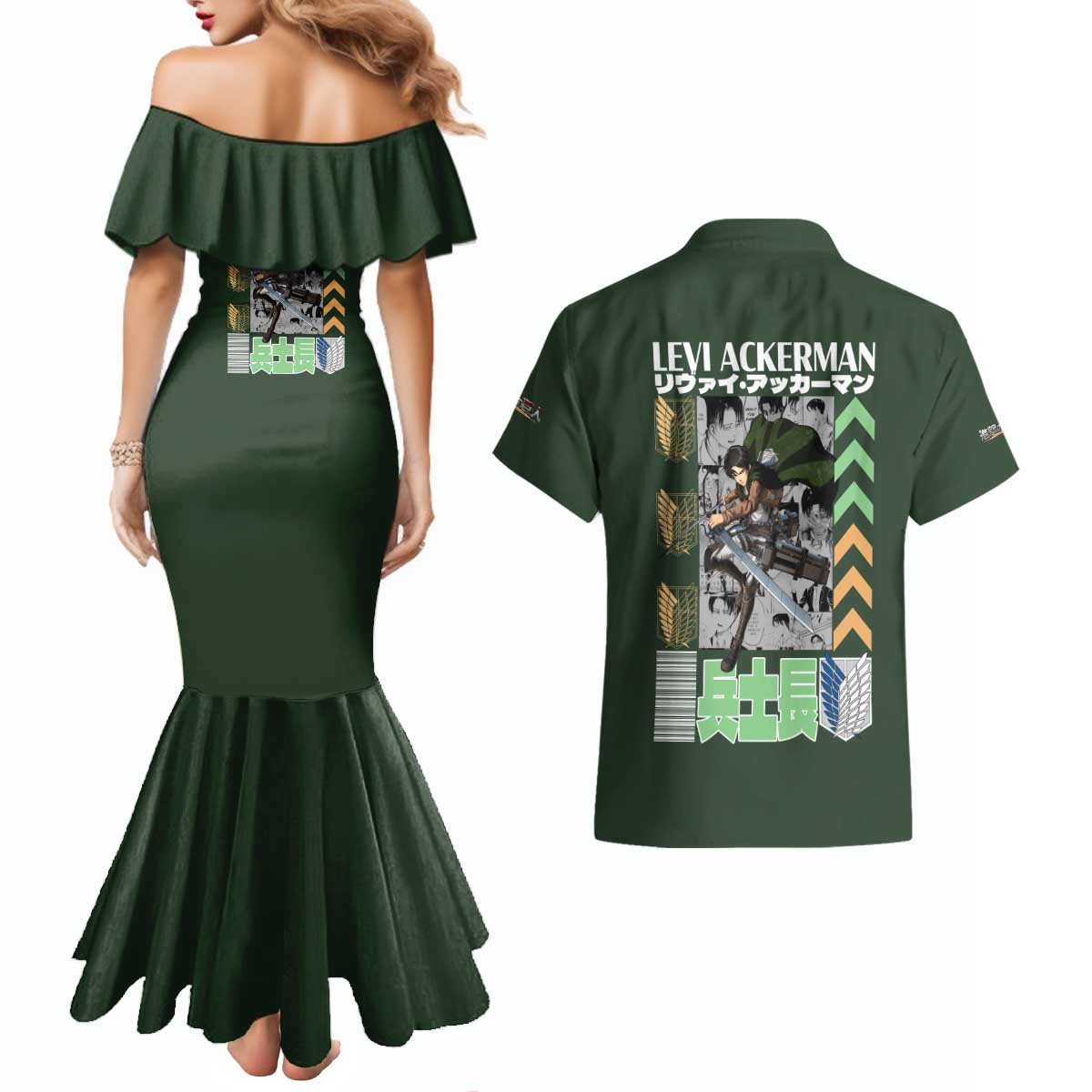 Levi Ackerman V2 Attack on Titan Couples Matching Mermaid Dress and Hawaiian Shirt Anime Style