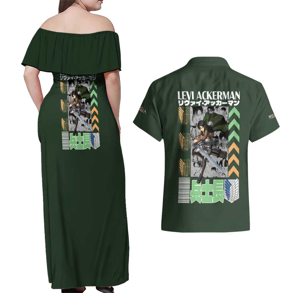 Levi Ackerman V2 Attack on Titan Couples Matching Off Shoulder Maxi Dress and Hawaiian Shirt Anime Style