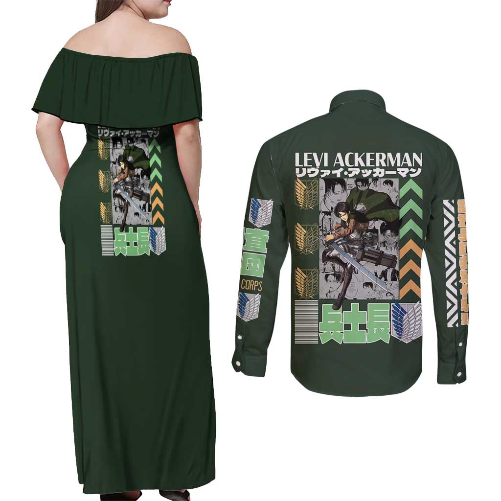 Levi Ackerman V2 Attack on Titan Couples Matching Off Shoulder Maxi Dress and Long Sleeve Button Shirt Anime Style